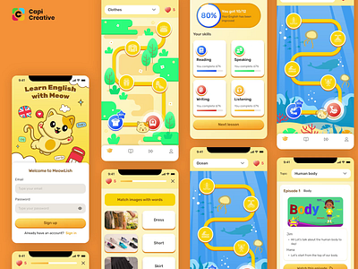 Meowlish - English Learning App Project animation app cat mobile app cute concept design graphic design illustration learning app design mobile mobile app mobile app design ui uidesign