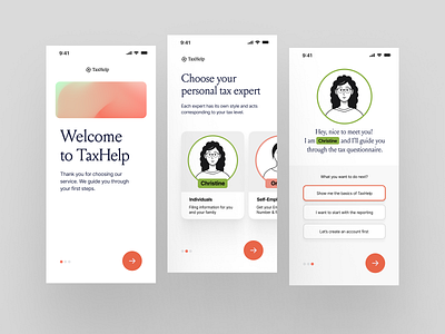 Tax App Exploration app avatar clean minimal mobile onboarding tax white