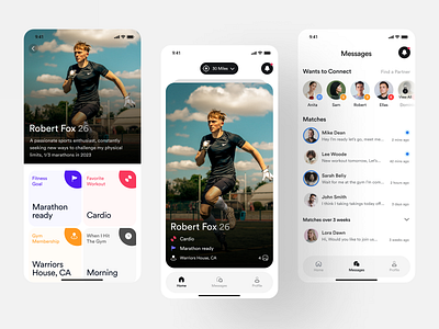 Fitness App Concept app design fit fitness inspiration minimal mobile social sports swipe ui ux