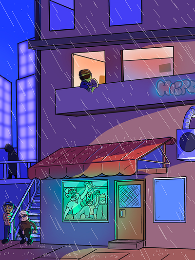 A Rainy Night Downtown 3d animation concept art design illustrations