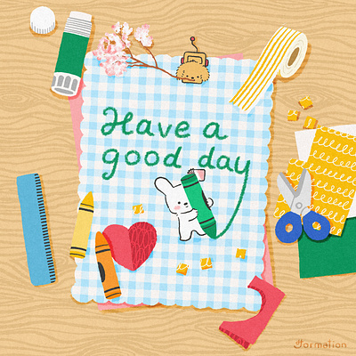 Have a good day art bunny cartoon craft digital art digital illustration drawing good day illustration paper procreate rabbit scrapbook stationary table イラスト