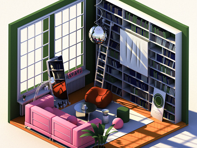 3D Room — Living room-library 3d 3droom books cg cinema4d discoball lamb library living mirror pink rozov visualisation wnbl