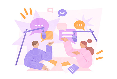 Podcast Recording character chat collaboration communication conversation cooperation duscussion flat illustration illustration podcast podcast recording podcasting show talk vector