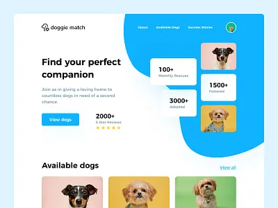 doggie match adopt adopt a dog adoption animal animal care branding cta design doggie hero section landing page pet pets product design ui uiux ux visual design