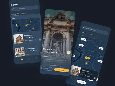 City tour guides mobile app airbnb app card colorful colors concept design glass interface list view map museum music netflix player search ui userflow ux wireframes