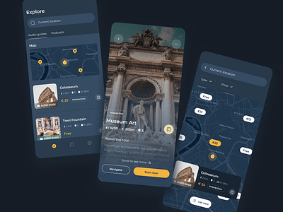 City tour guides mobile app airbnb app card colorful colors concept design glass interface list view map museum music netflix player search ui userflow ux wireframes