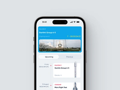 Space Launch Tracker App 🚀 app falcon falcon heavy flat design galaxy minimal mobile app nasa rocket space space flight space launch spacex ui ux