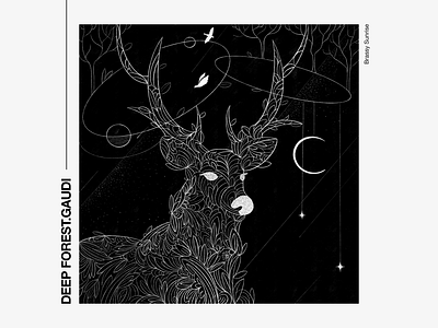 DEEP FOREST . GAUDI . Brassy Sunrise cosmos deer design digital art digital illustration forest graphic design illustration line lineart linework moon nature