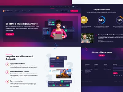 Pluralsight Affiliate Page affiliate affiliate program charts commission data graphs modals numbered list pluralsight product modals social media software steps user experience ux ux design we web design