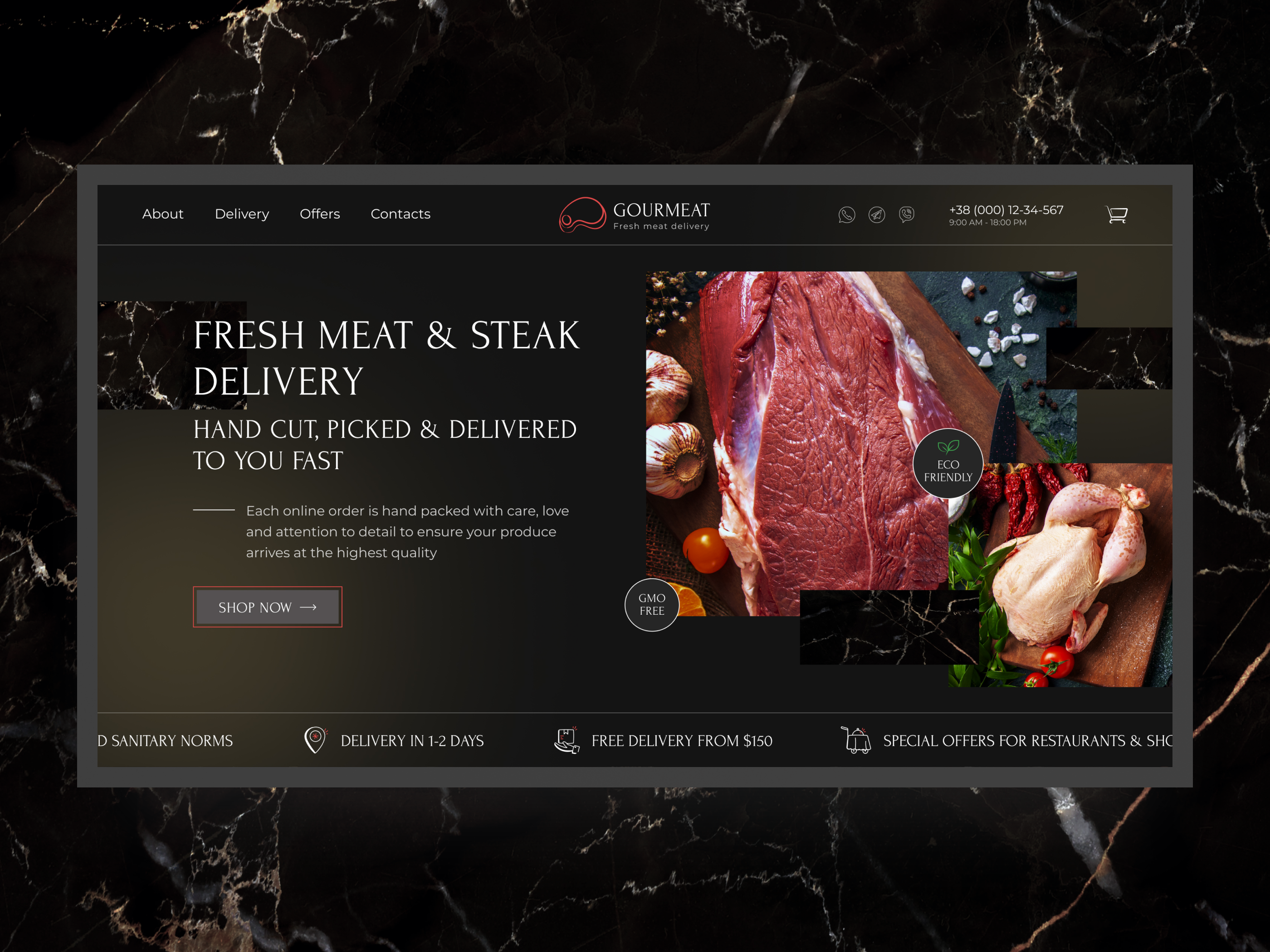 Gourmeat - online store concept delivery ecommerce food fooddelivery hero mainscreen meat onlinestore shop store ui web webdesign
