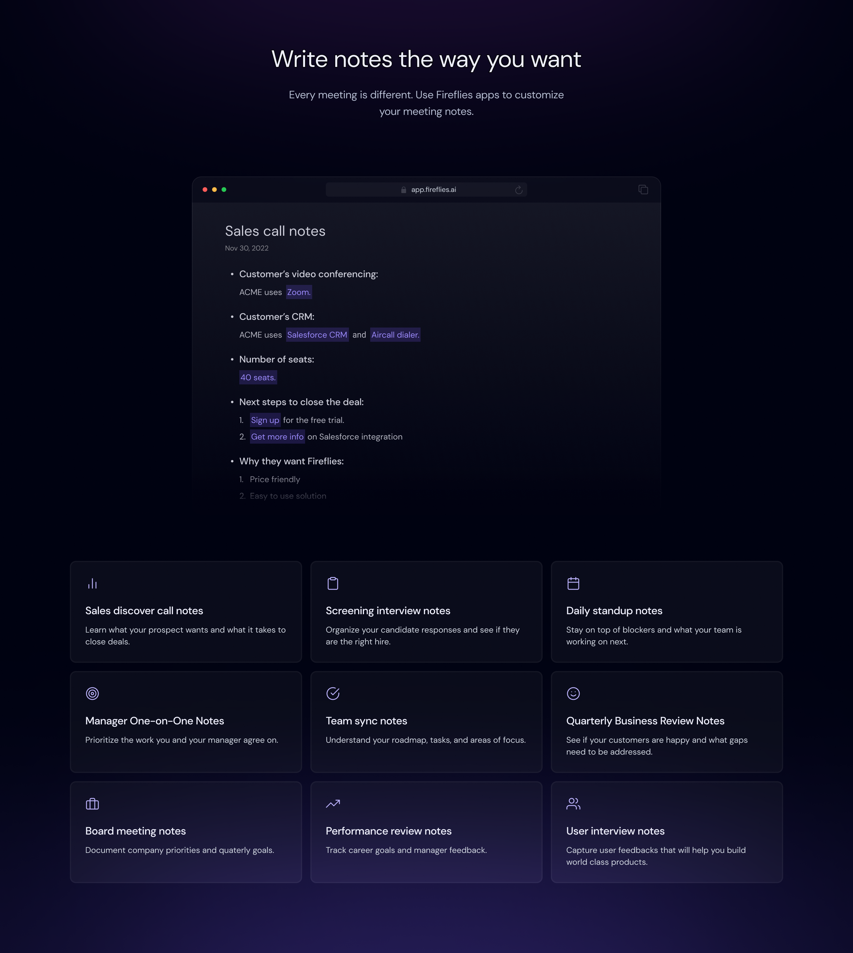AskFred AI Meeting Assistant - Landing Page Section ai ai assistant app chatgpt dark dark theme design gpt landing page meetings opneai purple transcript ui ux website