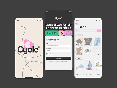 CycleApp | App for buying and selling clothes buttons buy cards heart login logo love mobile profile sign up splash ui ux