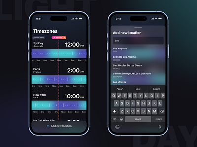Convert timezones with the Daylight app app converter dark design fluorescent glass gradient ios keyboard location minimal mobile scroll timezone ui ux
