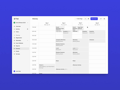 Flok – Itinerary calendar dashboard design edit event planning itinerary list modal table ui user experience user interface
