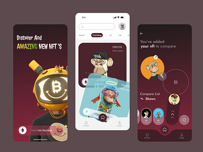 Discover New Nft - Mobile App Design 3 screen mobile app design 3d app design graphic design illustration logo mobile app nft nft mobile app design nft ui mobile app design typography ui vector