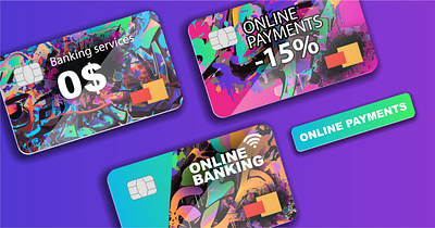 Bank plastic cards with graffiti-style design finance