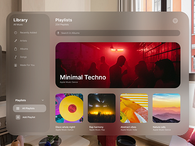 AR Music for Apple Vision Pro 073 73 apple apple music apple visual pro ar branding daily ui 073 dailyui dailyui073 design library music app music ar music playlist playlist ui uiux virtual reality vr
