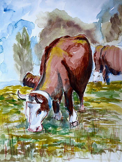 Cows in the Mountains blue cows illustration yellow