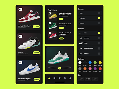 Nike Sneakers Shopping App - Dark Mode Components components dark mode figma ios app mobile app nike nike app shopping app ui ux