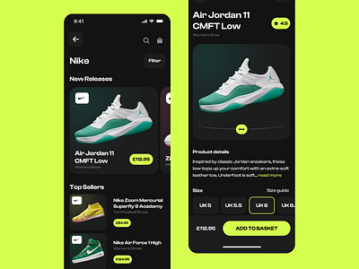 Nike Sneakers Shopping App - Dark Mode app design clean dark mode figma ios app jordans mobile app modern nike nike app shopping shopping app sneakers trainers ui ux