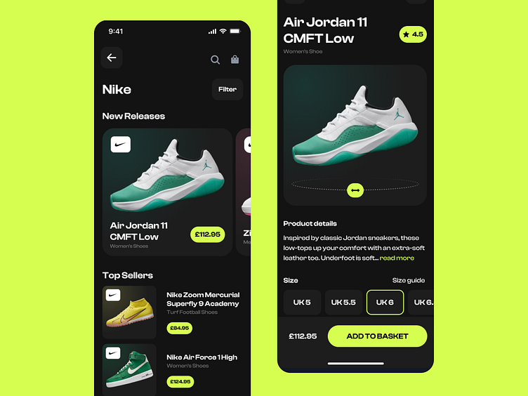 Nike Sneakers Shopping App - Dark Mode by Sarah Newman on Dribbble