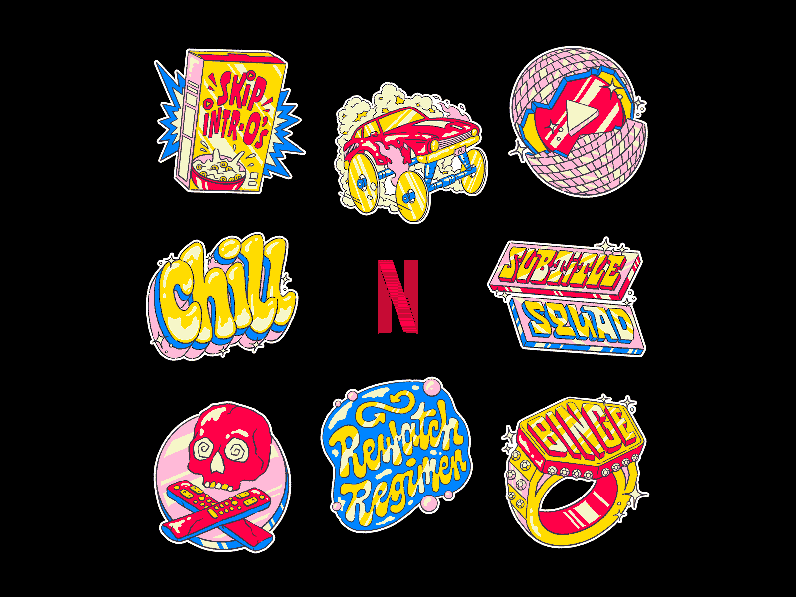 Netflix Branded Stickers car chill handlettering illustration lettering netflix skull sticker stickerdesign subtitles type typography