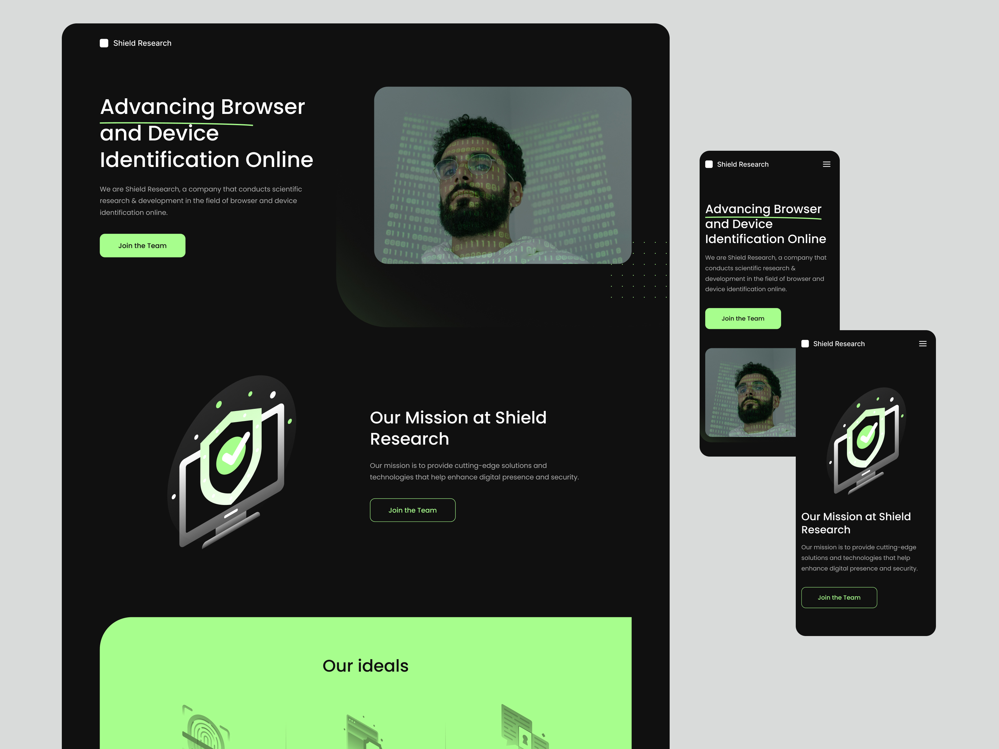 Design for Shield Research website browser fingerprinting cybersecurity dark ui data collection data privacy data security data tracking device identification digital footprints illustration minimal online privacy privacy policies tech tracking technologies ui design user authentication user privacy user profiling web analytics