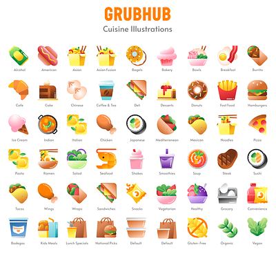 Grubhub's NEW Cuisine Illustrations app branding carousel colorful cuisine cute design figma food food delivery grubhub home icon iconography illustration product vector