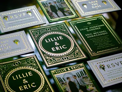 Wedding Invitation 1930s 1940s art deco classy detailed elegant emerald flowers formal gold gold foil inspiration invitation invite invite design line art rsvp save the date wedding wedding invitation