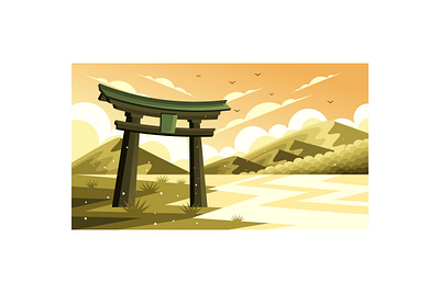 Torii Gate Japanese Landscape Illustration mountain