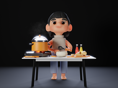 Housewife Cooking 3D Illustration 3d 3d art 3d illustration 3d modeling blender c4d character cooking 3d cooking 3d illustration illustration maya original character render