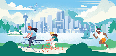 Seattle Skyline cyclists ferry magazine spread park pnw seattle skyline sodo space needle stadiums summer water