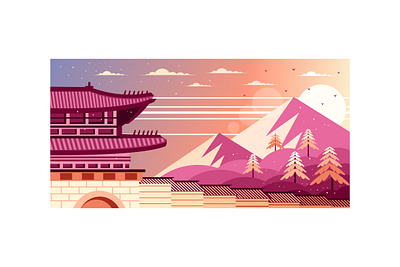 Korean Palace and Mountain View Illustration house