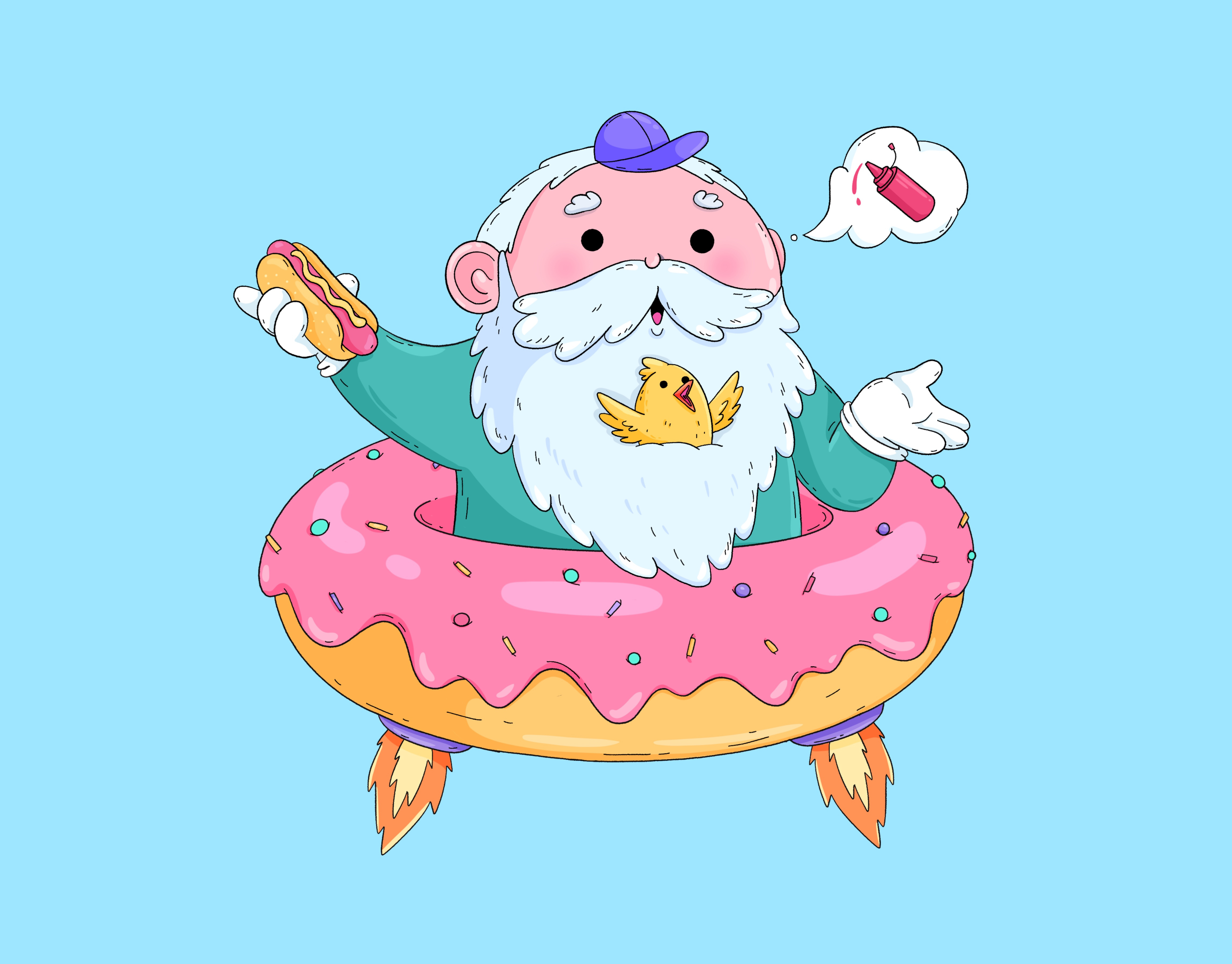 Grandpa in a donut art cartoon character design donut dwarf eat food gnome grandpa graphic illustration pink procreate