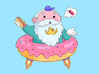 Grandpa in a donut art cartoon character design donut dwarf eat food gnome grandpa graphic illustration pink procreate