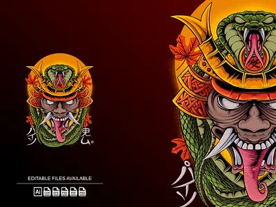 Samurai Snake Illustration Hand Drawn anime design graphic design illustration logo samurai snake t shirt design