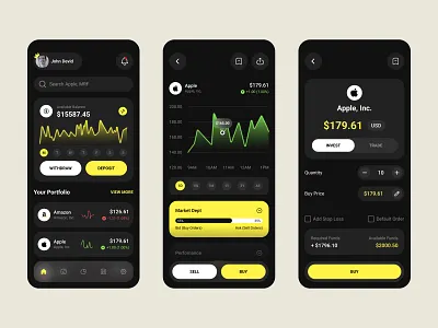 Stock Market Mobile App card dark darkmode design finance graph navbar stock ui ux vector