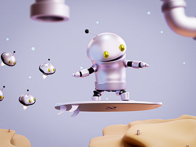 Little Robot Surfing 3D 3d art ben hatke blender cartoon illustration little render robot surf surfing