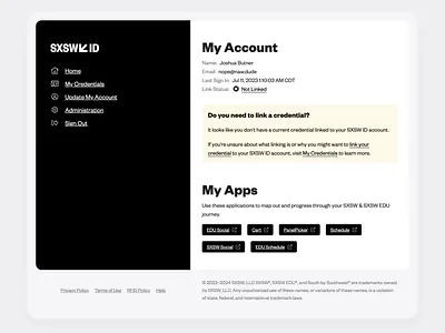 SXSW ID account dashboard id interface simple ui