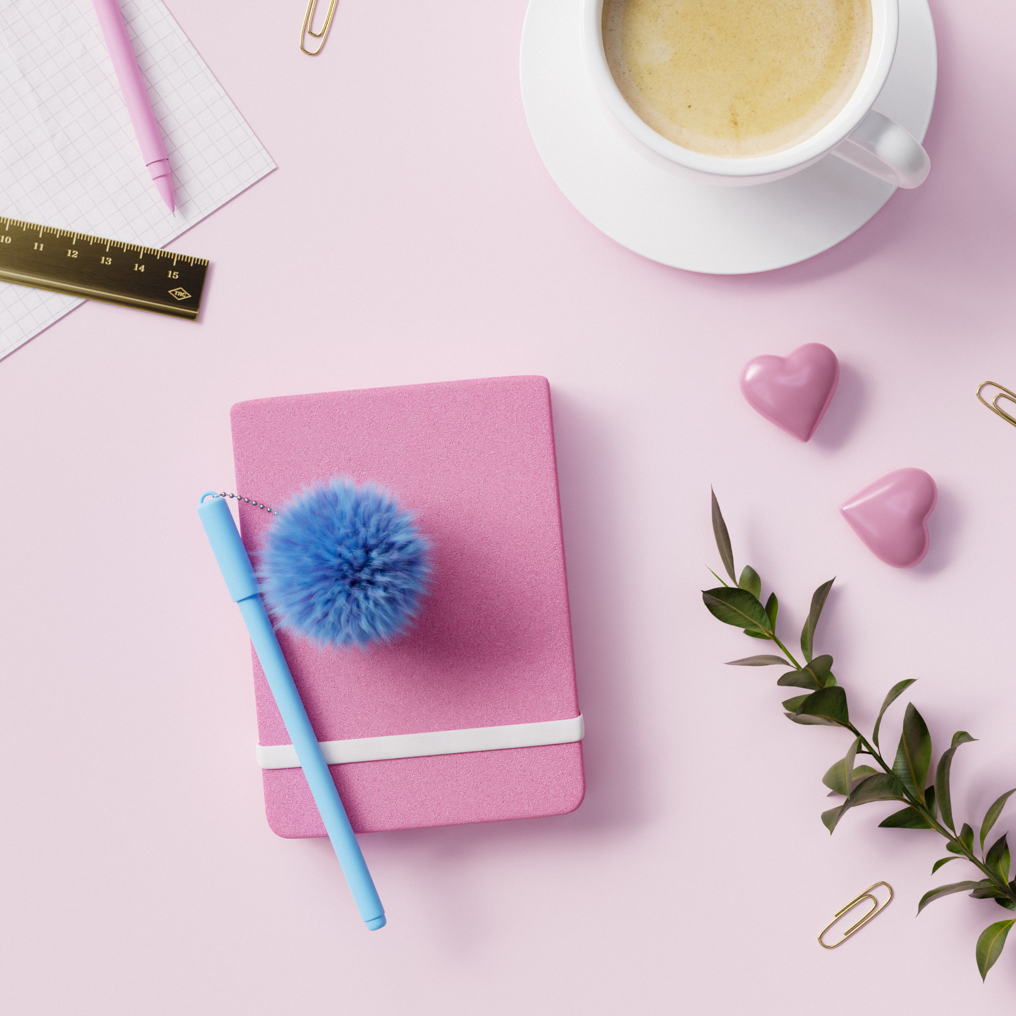 Lifestyle flatlay 3d accessories clip coffee desk feminine flatlay greenery heart illustration layout love notebook paper pen pompom render ruler stationary workspace