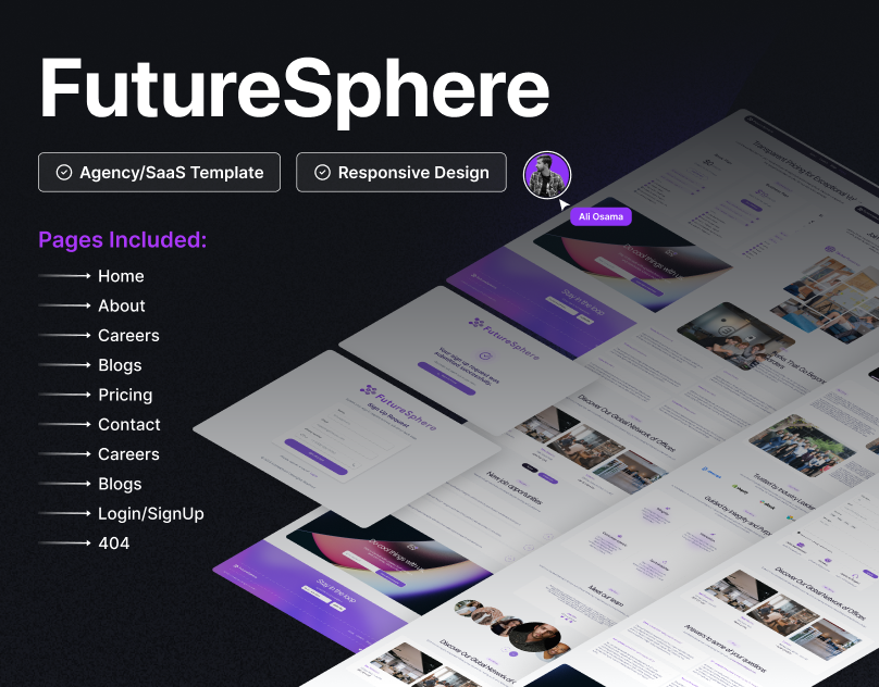 FutureSphere - A SaaS Website Template agency website blogs branding company website design figmatemplate freedesign graphic design landing page pricing responsive design saas ui webdesign website design