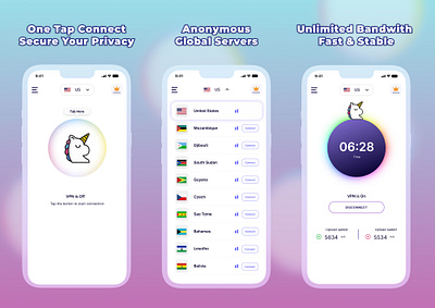 UNICORN VPN DESIGN FOR ROCK TECHX branding design ui ui design ux vpn vpn app