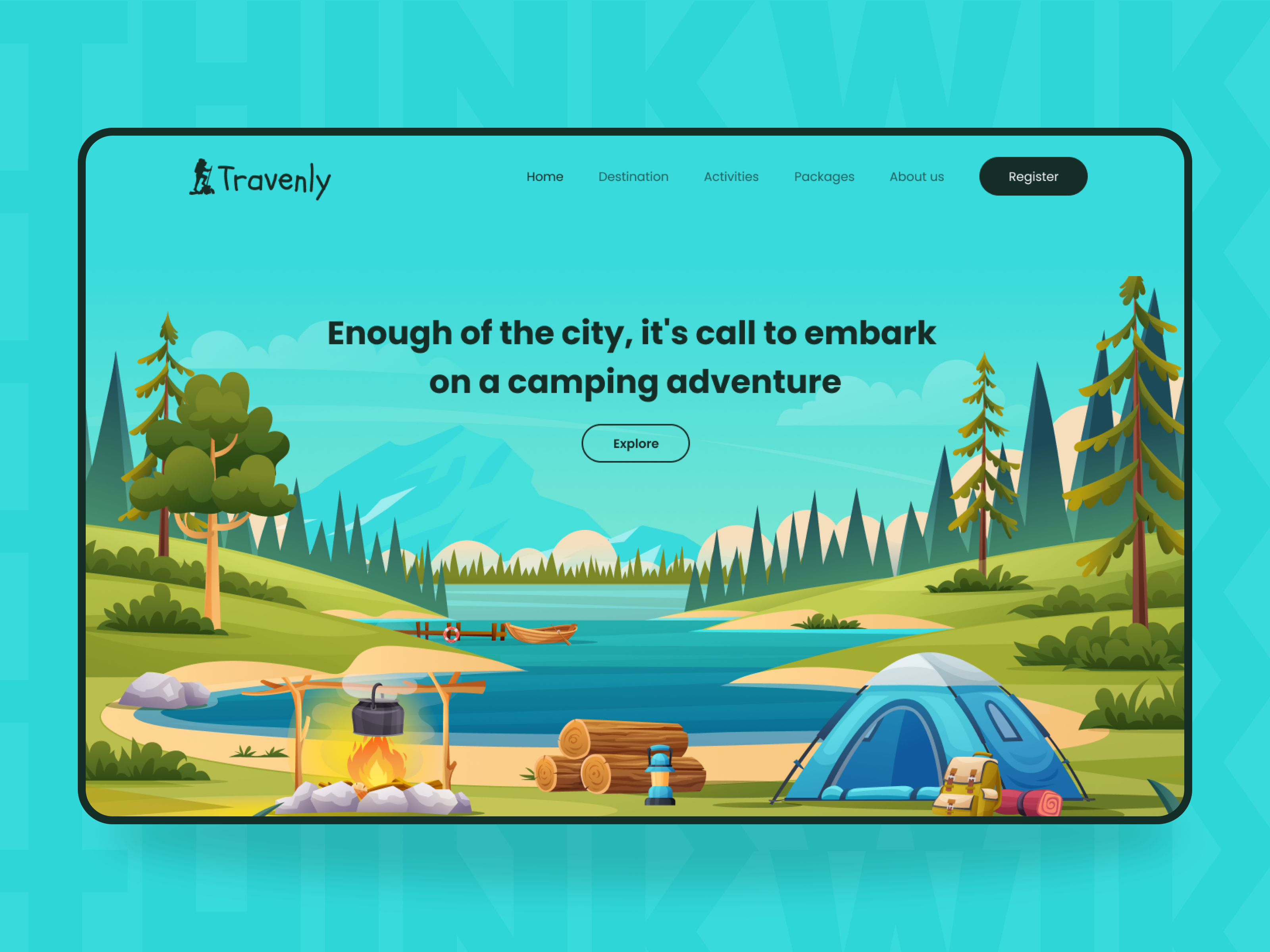 Travenly - Camping adventure landing page 🏕️ adventure ecotourism explore figma illustration journey landing page latest mountain tourism travel trip ui vacation village web website