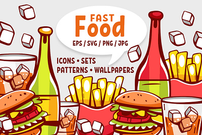 Set cartoon icons Fast Food & Drinks alcohol branding burger cartoon clip art comicart delicious food drinks food icons illustration line martini pattern retro soda vector wallpaper whiskey wine