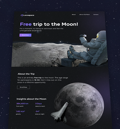 Locospace - Travel🌑Landing Page about branding clean design free landing page moon travel trip ui web design