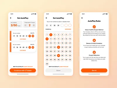Lottery ticket buying and number selection app cards design lottery mobile numbers rules tickets ui