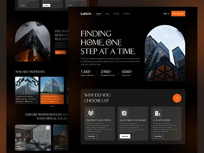 Real estate website landing page bulding company website dark mode header home home page landing landing page modern ui moody properties real estate real estate wbsite rent ui ui inspiration web webdesign website website design