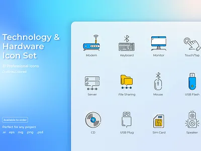 Technology and Hardware Icon Set computer design graphic design hardware icon set icons illustration network tech technology vector