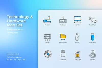 Technology and Hardware Icon Set computer design graphic design hardware icon set icons illustration network tech technology vector