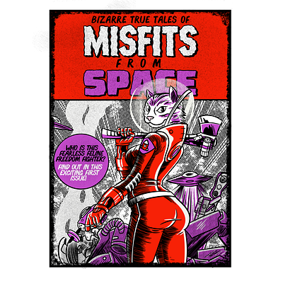 Misfits from space comic cover art feline halftone illustration